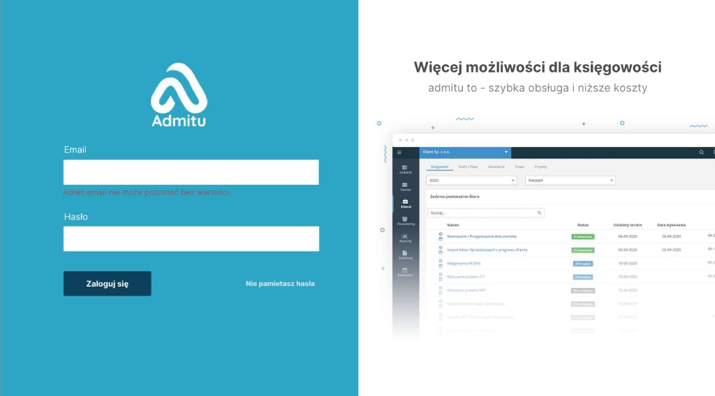 Ekran logowania platformy Admitu