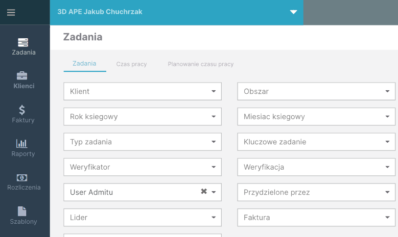 Panel zadań z filtrami w systemie zarządzania biurem
