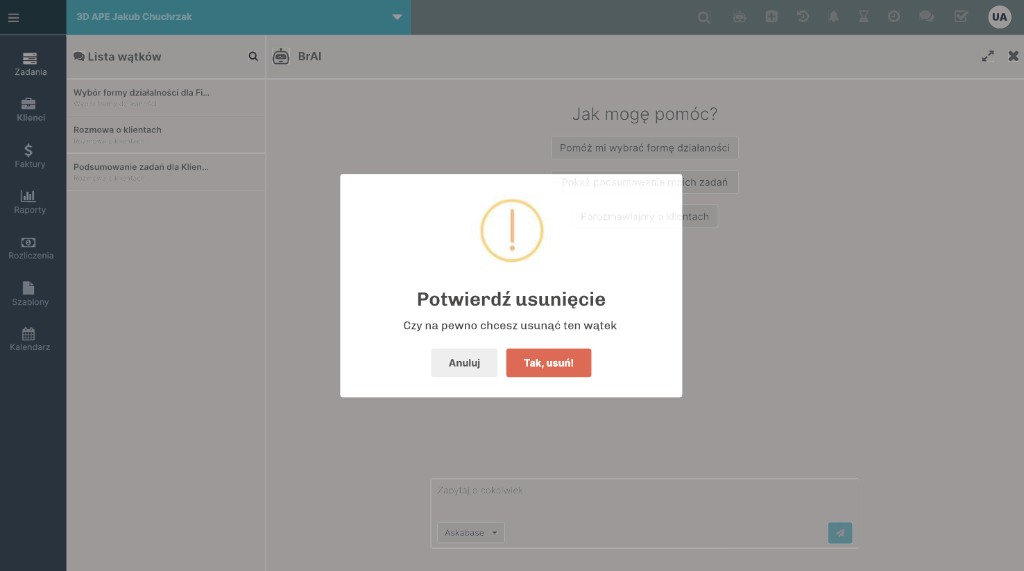 Panel wątków rozmów z asystentem Askabase